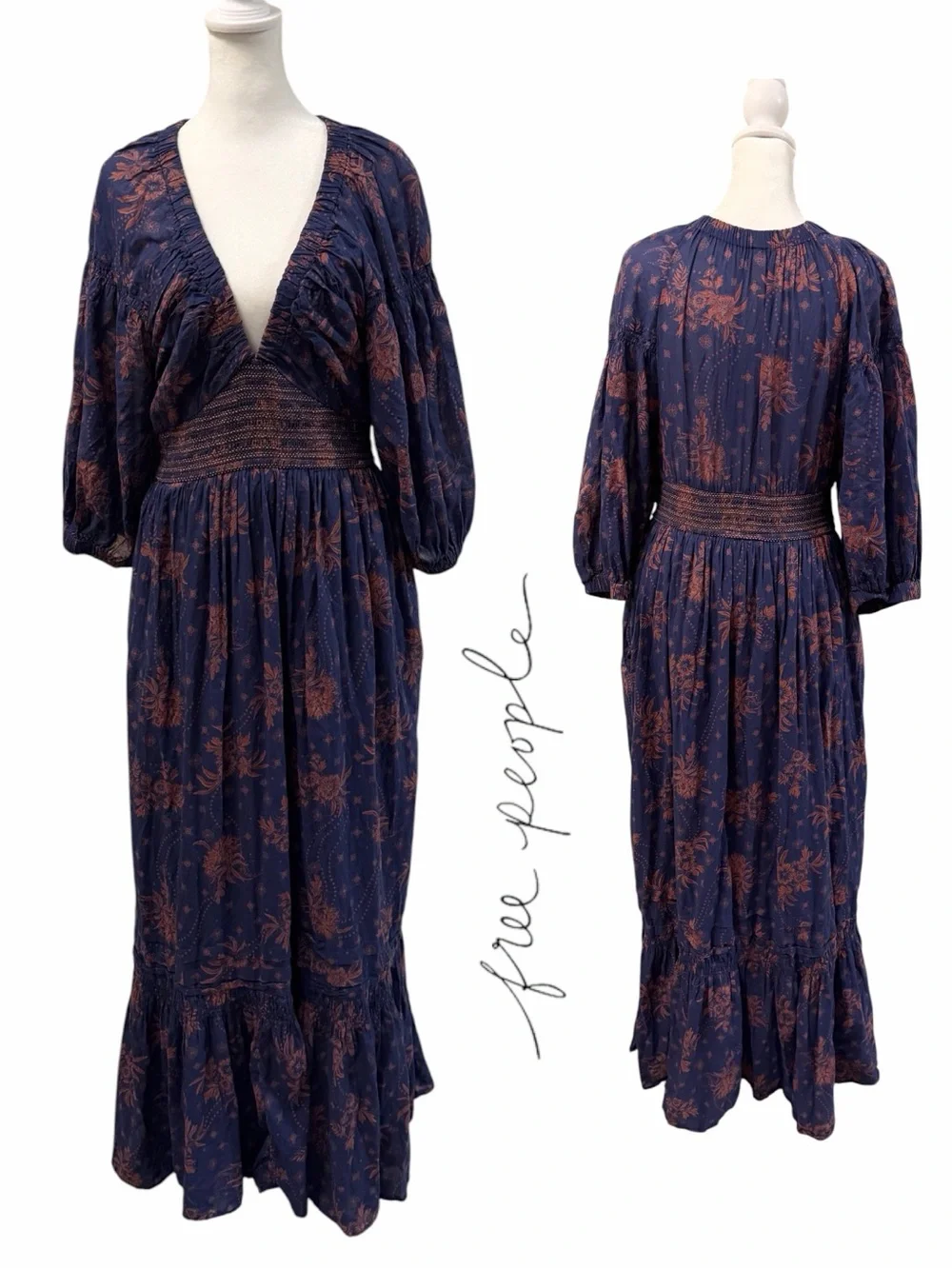 💙Free People Deep Blue Floral Maxi Dress with Rust Accents. Gently worn, size M